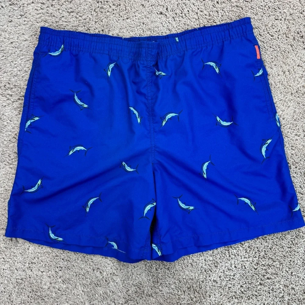 Alex Cannon Swim Trunks Men L Marlin Print Quick Dry Blue Drawstring Swim Shorts
